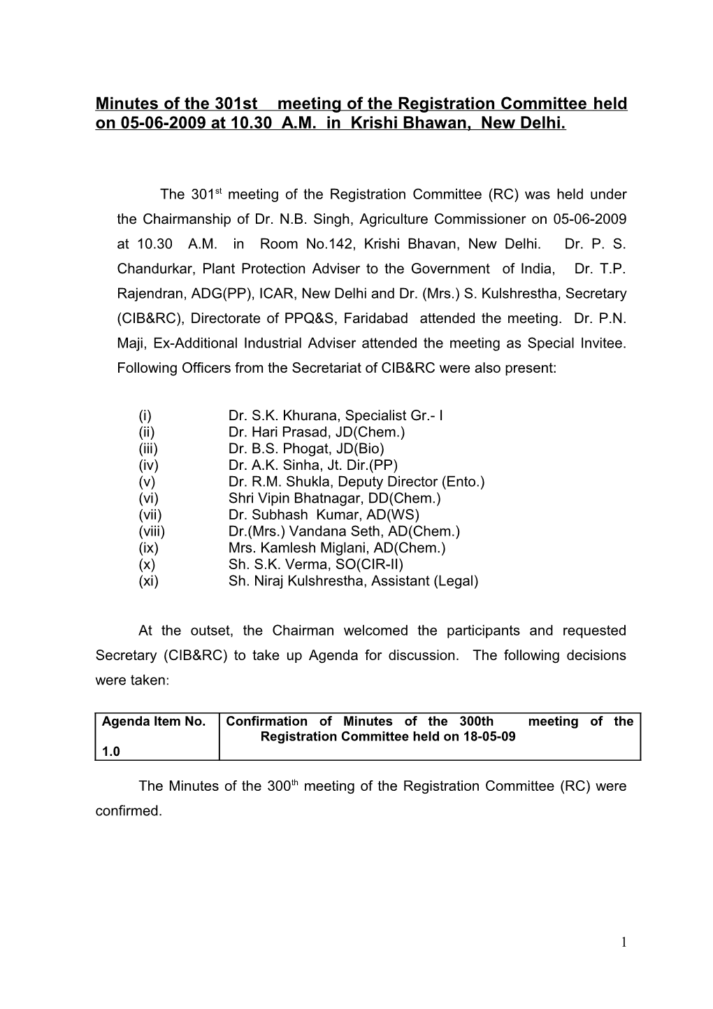 Minutes of the 301St Meeting of the Registration Committee Held on 05-06-2009 at 10.30