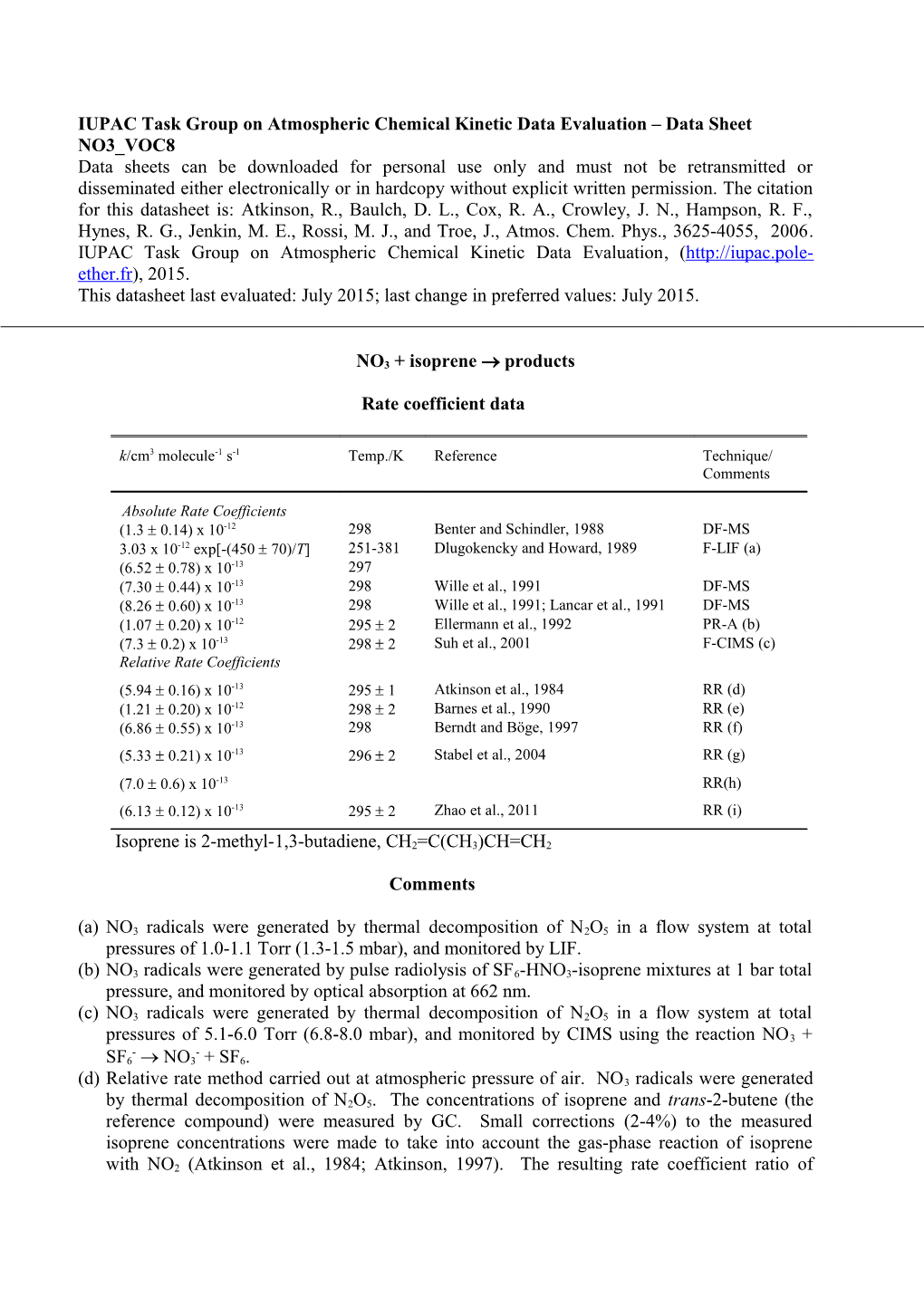 IUPAC Task Group on Atmospheric Chemical Kinetic Data Evaluation Data Sheet NO3 VOC8