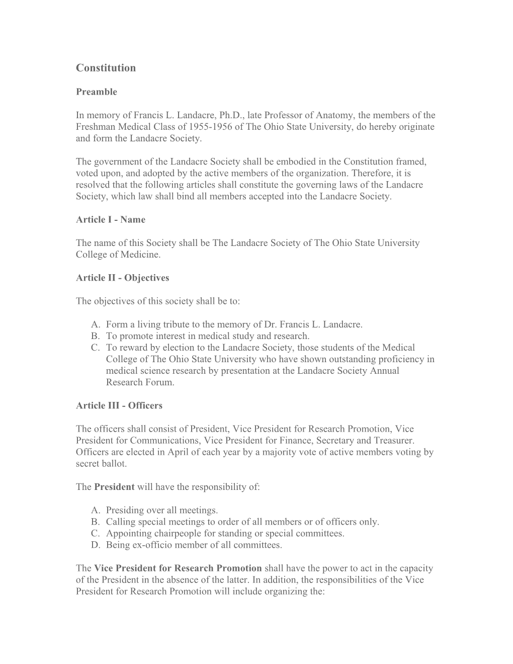 In Memory of Francis L. Landacre, Ph.D., Late Professor of Anatomy, the Members of The