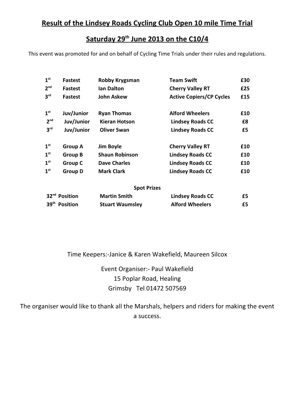 Result of the Lindsey Roads Cycling Club Open 10 Mile Time Trial