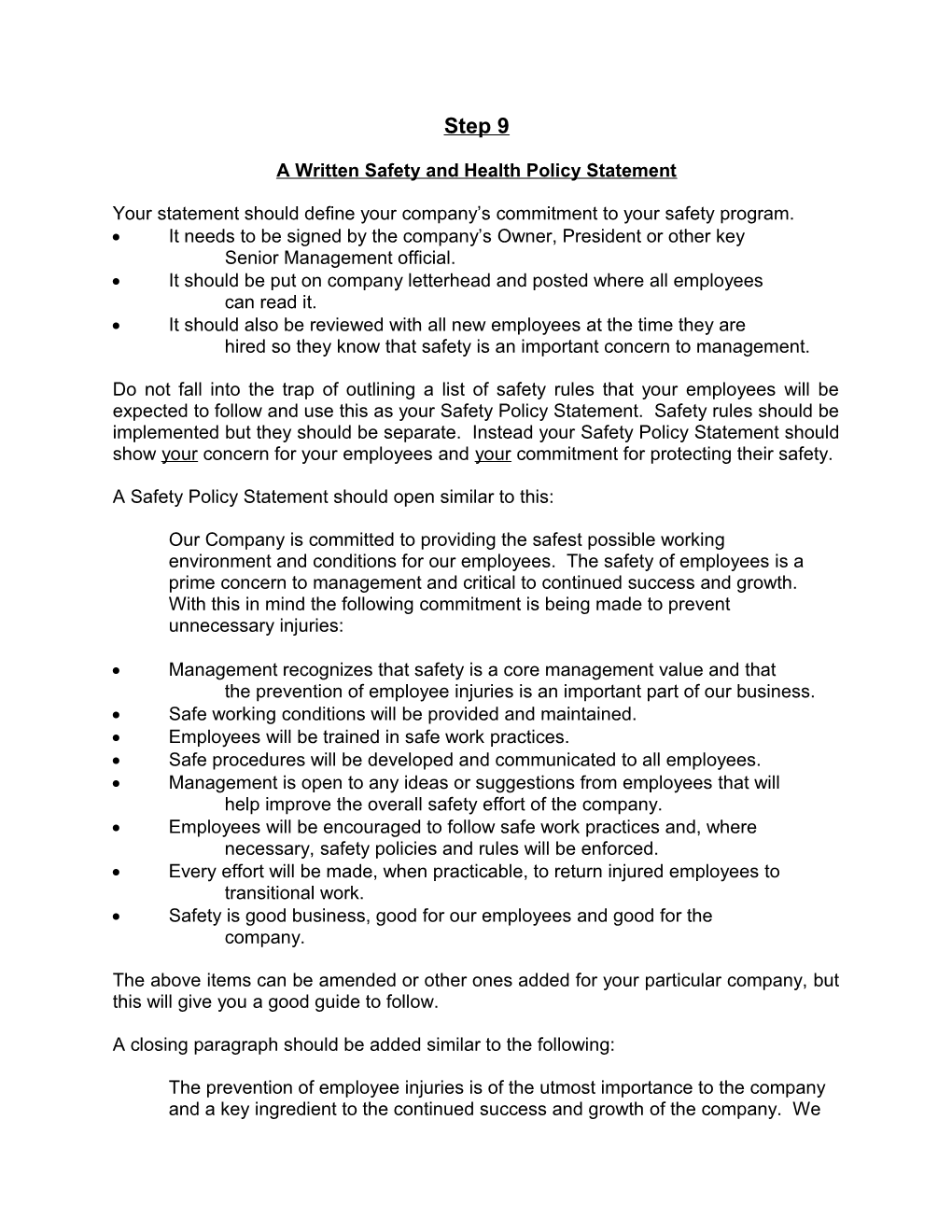 A Written Safety and Health Policy Statement