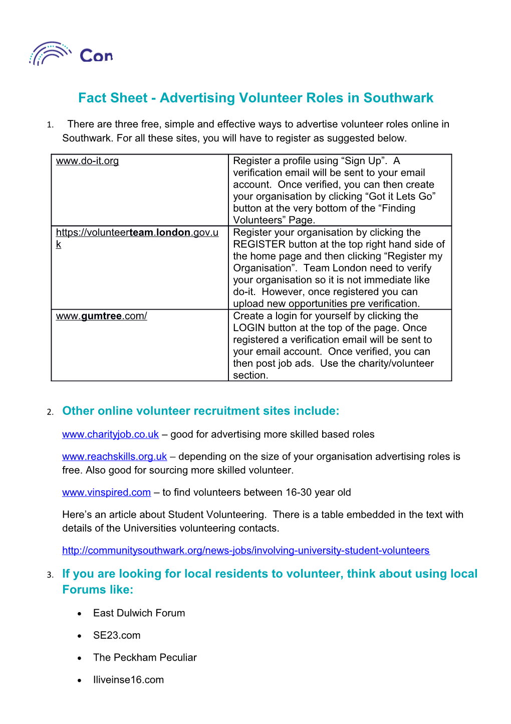 Fact Sheet - Advertising Volunteer Roles in Southwark