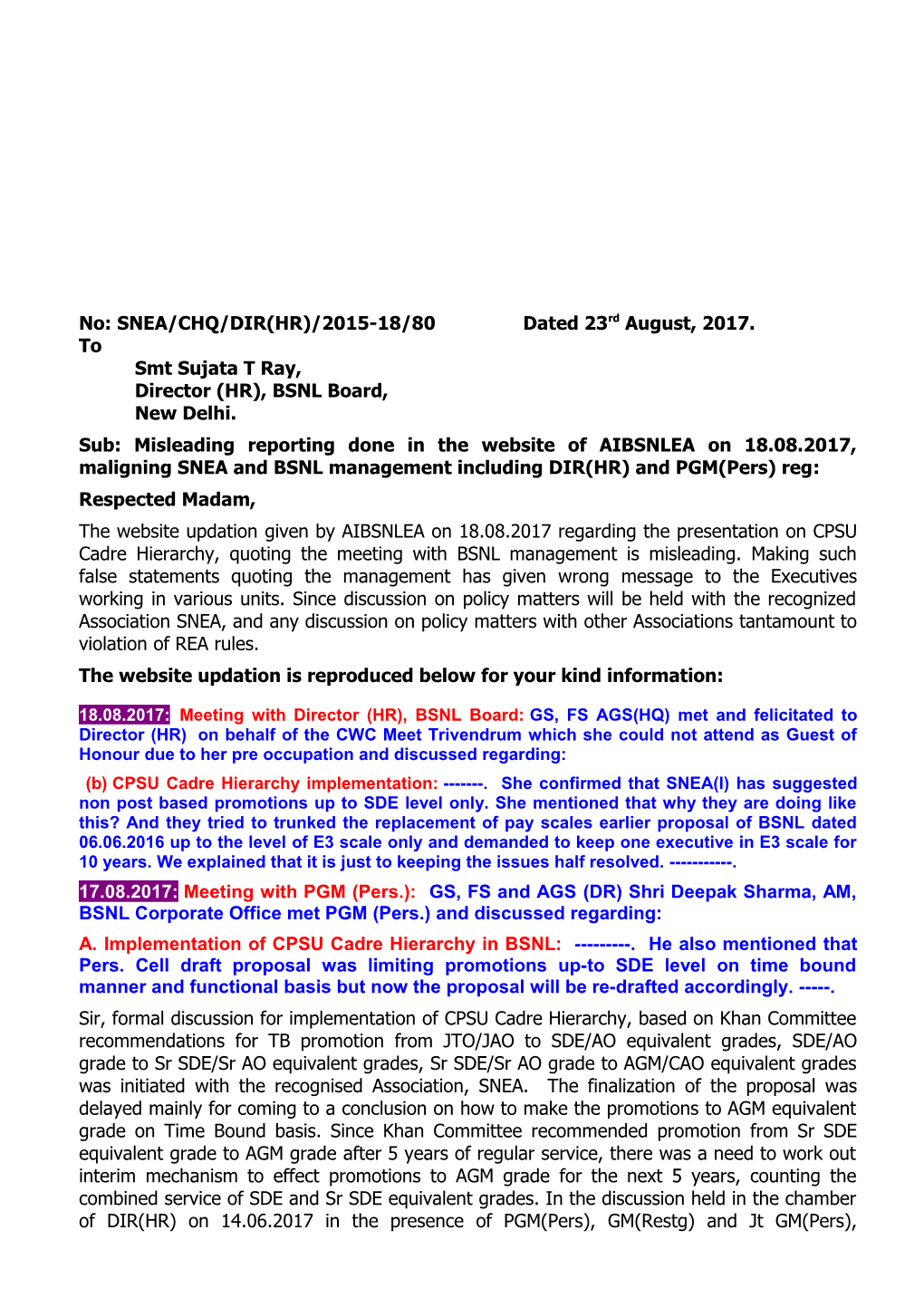 No: SNEA/CHQ/DIR(HR)/2015-18/80 Dated 23Rdaugust, 2017