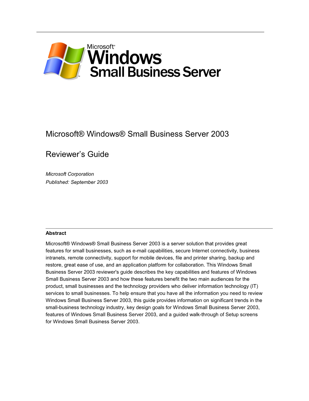 Microsoft Windows Small Business Server 2003 Reviewer's Guide