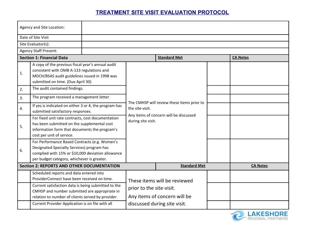 Treatment Site Visit Evaluation Protocol