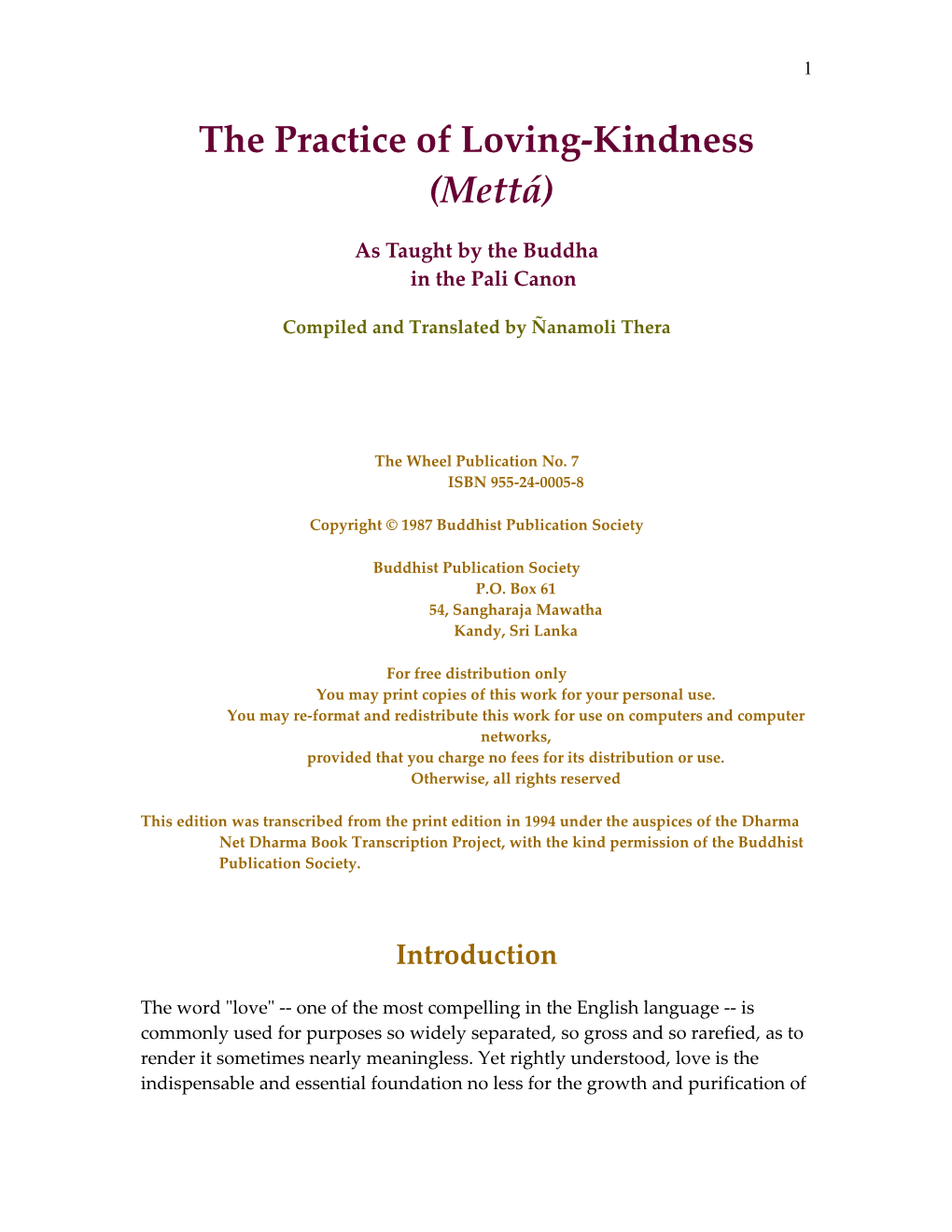 The Practice of Loving-Kindness (Mettá)