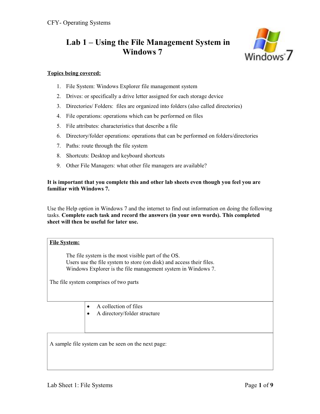 Lab 1 Using the File System Through Windows Explorer