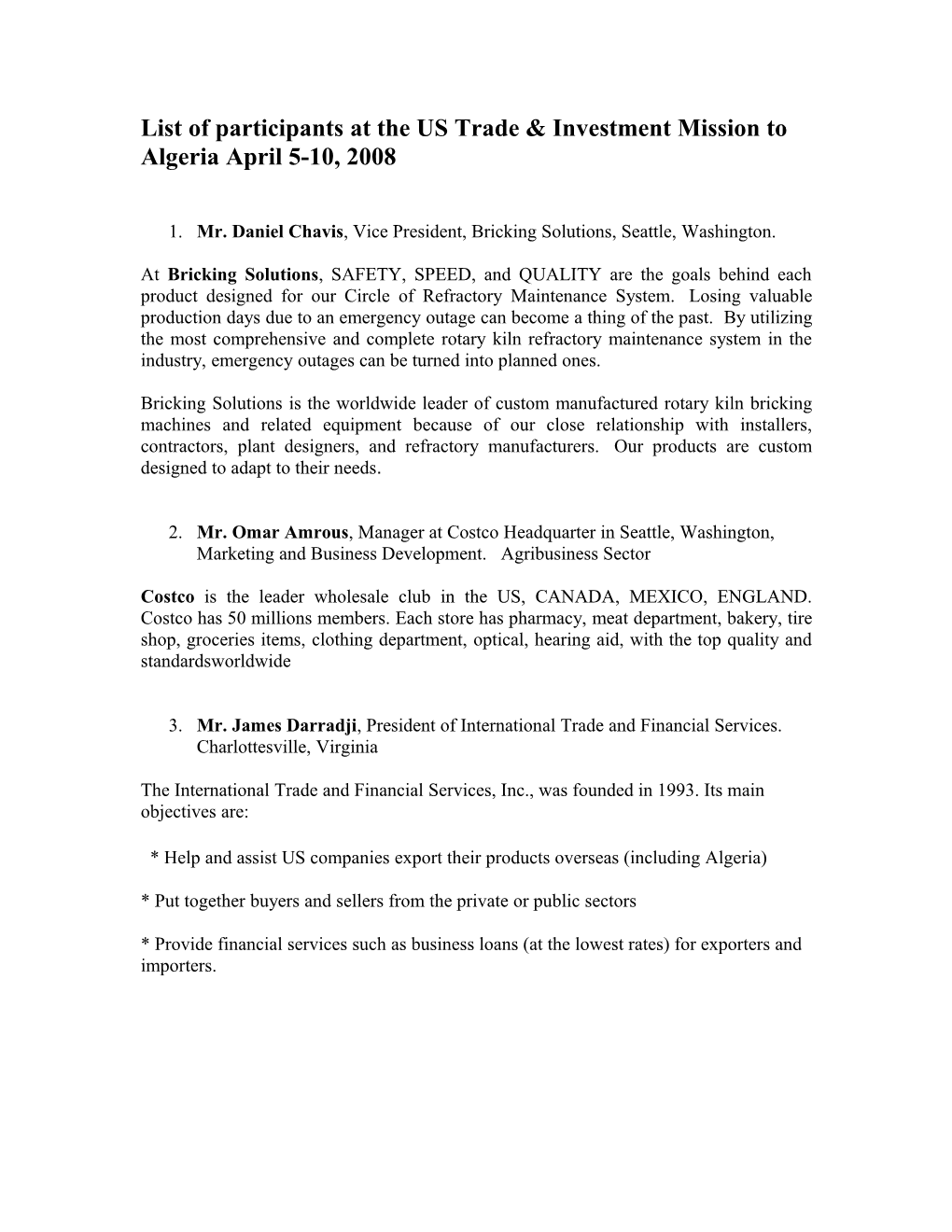 List of Participants at the US Trade & Investment Mission to Algeria April 5-9, 2008