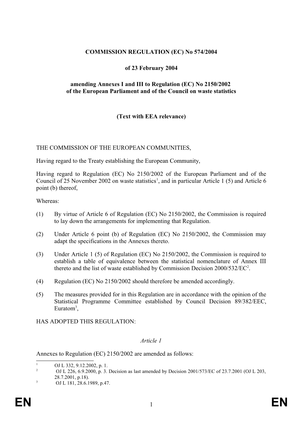 COMMISSION REGULATION (EC) No 574/2004