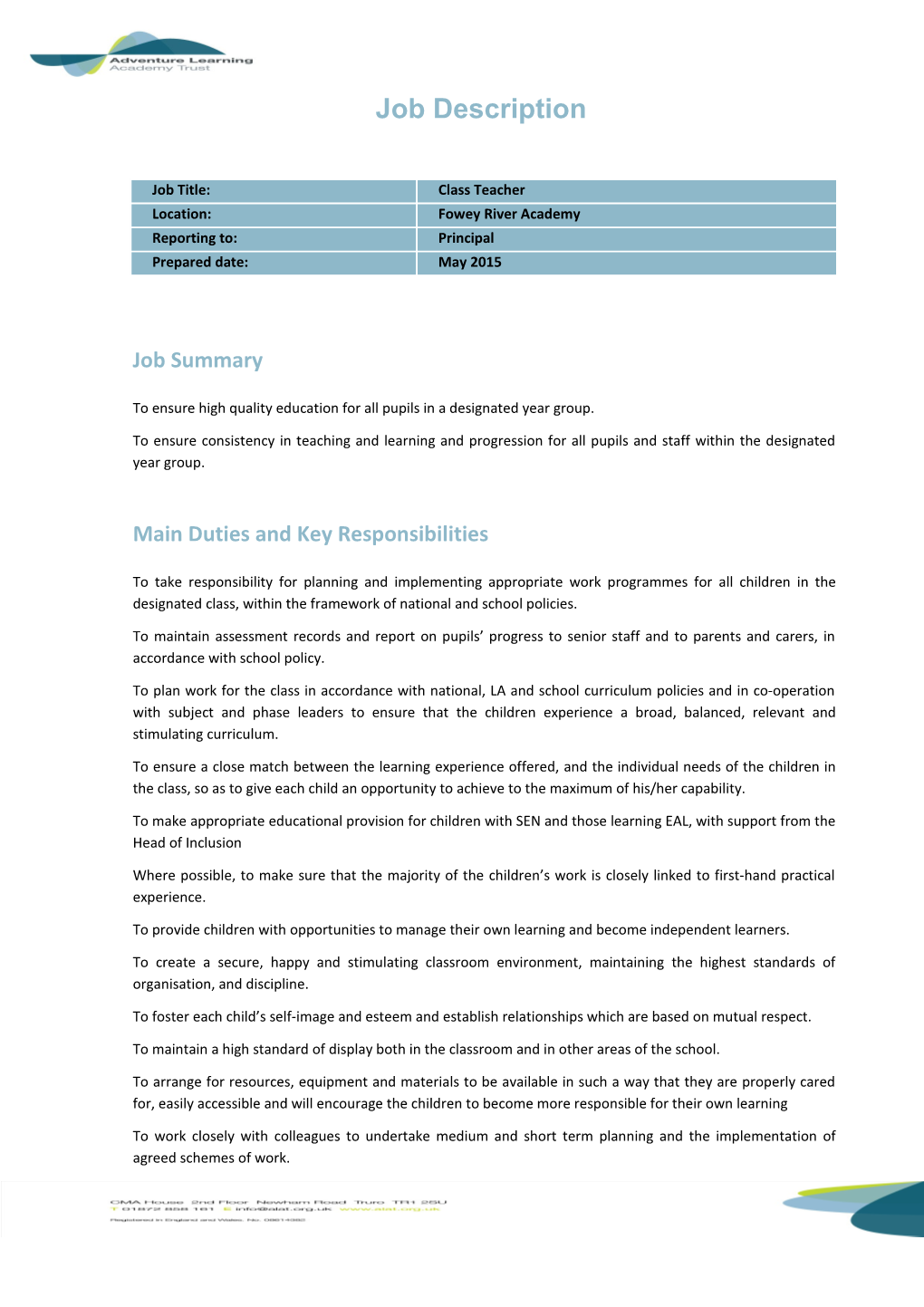 Main Duties and Key Responsibilities