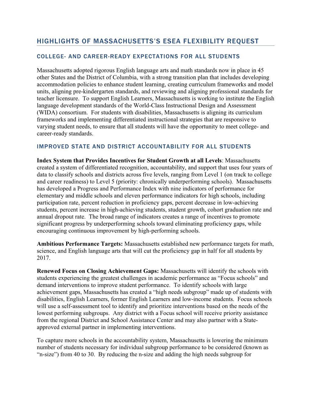 Massachusetts Highlights of ESEA Flexibility Request 7.12.12