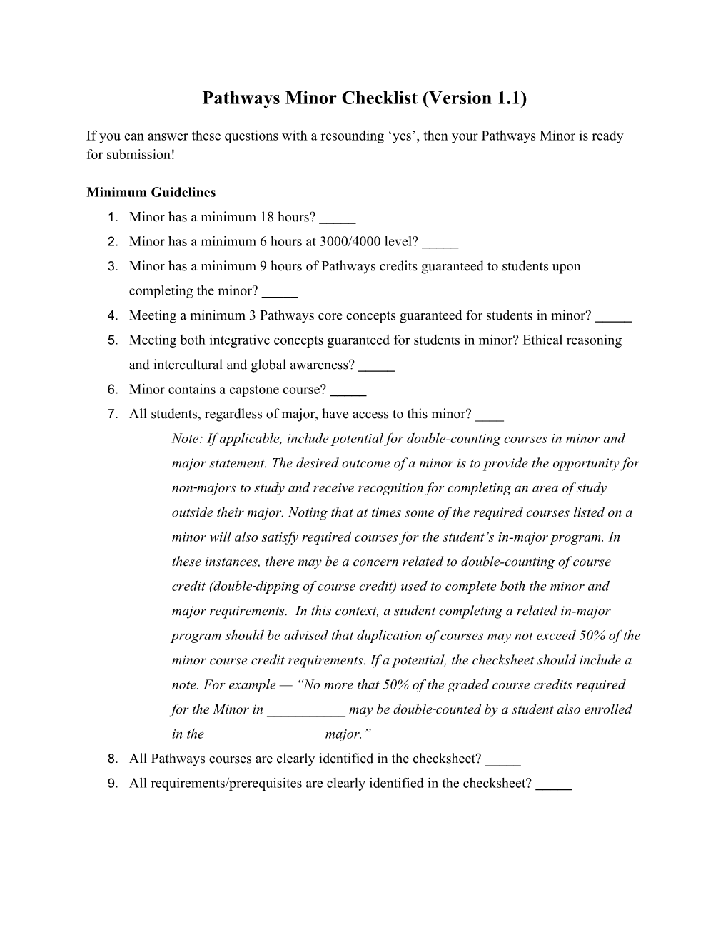 Pathways Minor Checklist (Version 1.1)