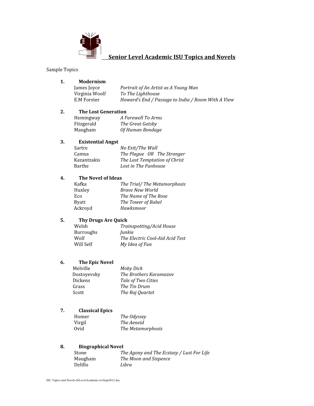 Senior Level Academic ISU Topics and Novels