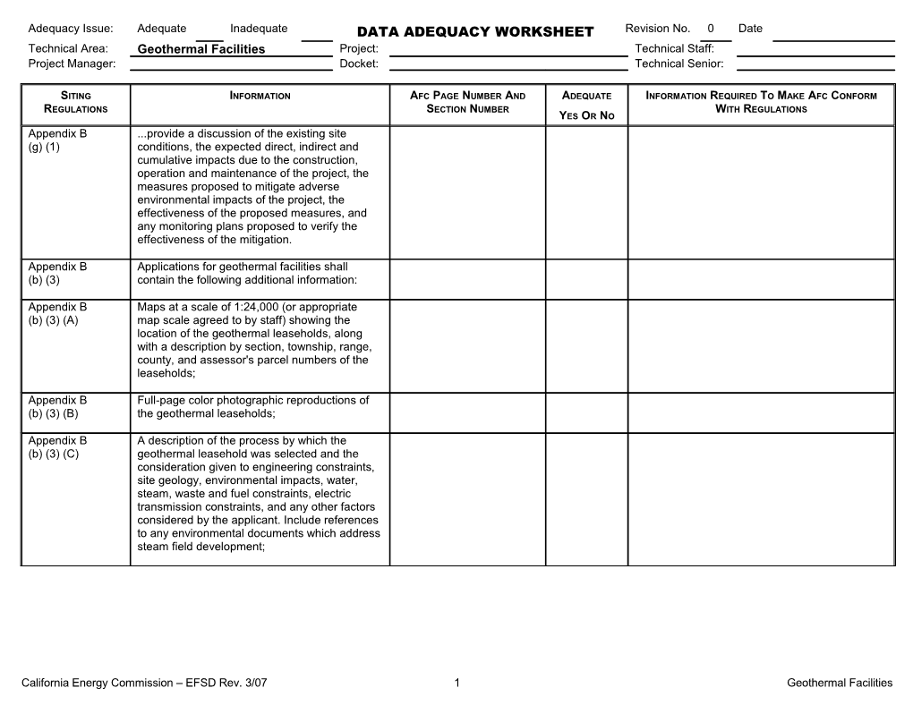 California Energy Commission EFSD Rev. 3/07 3 Geothermal Facilities