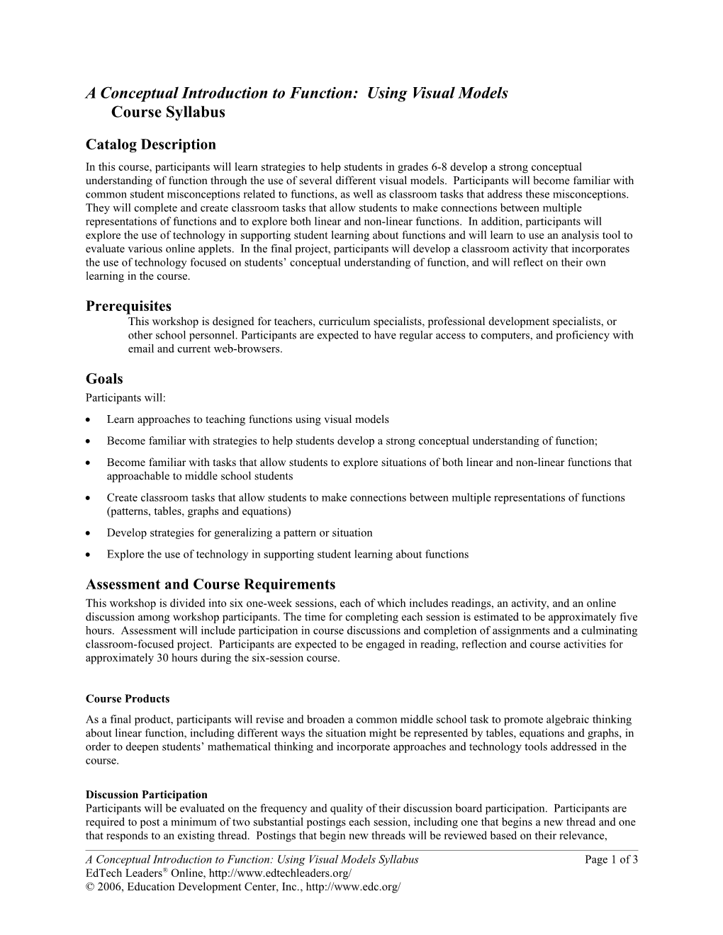 A Conceptual Introduction to Function: Using Visual Modelscourse Syllabus