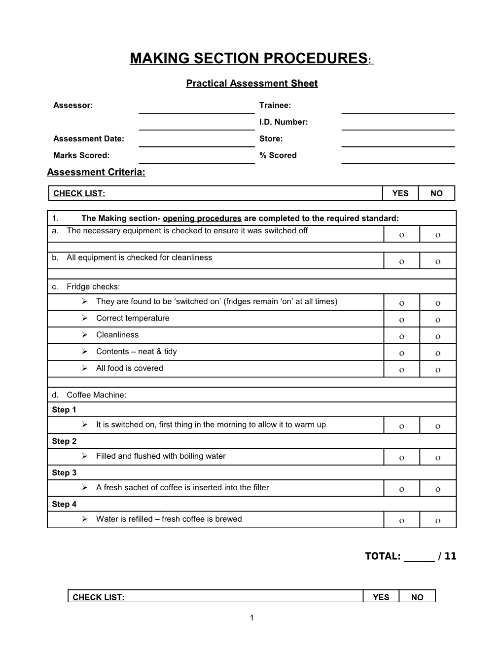 Making Section Procedures: Practical Assessment Sheet