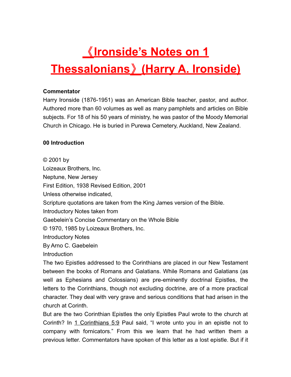 Ironside S Notes on 1 Thessalonians (Harry A. Ironside)