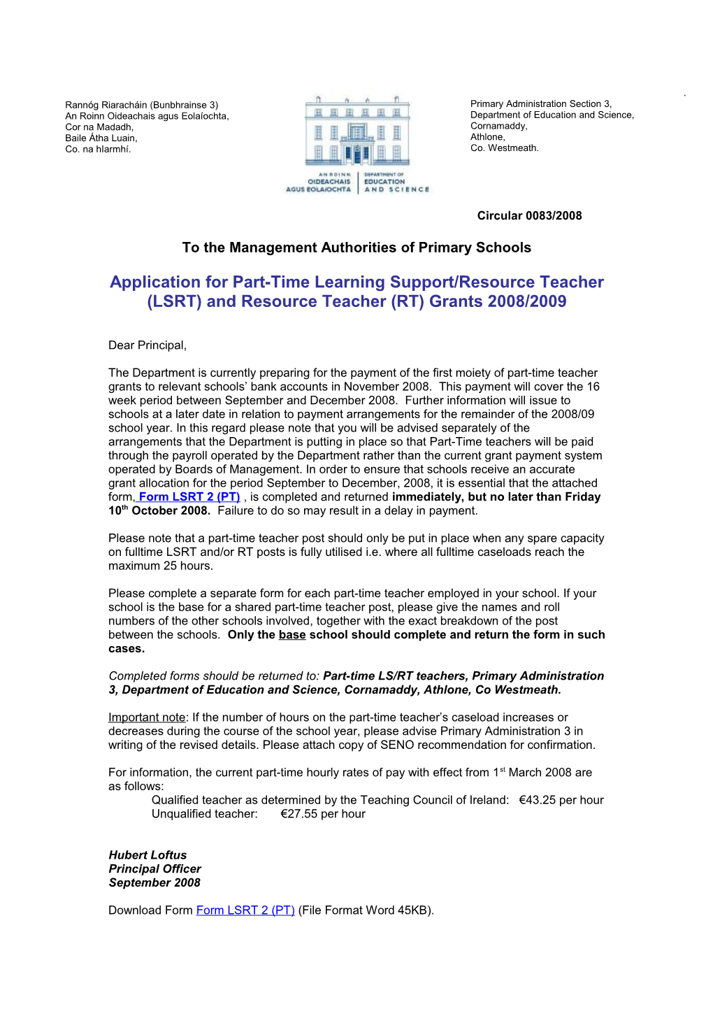 Circular 0083/2008 - Application for Part-Time Learning Support/Resource Teacher (LSRT)