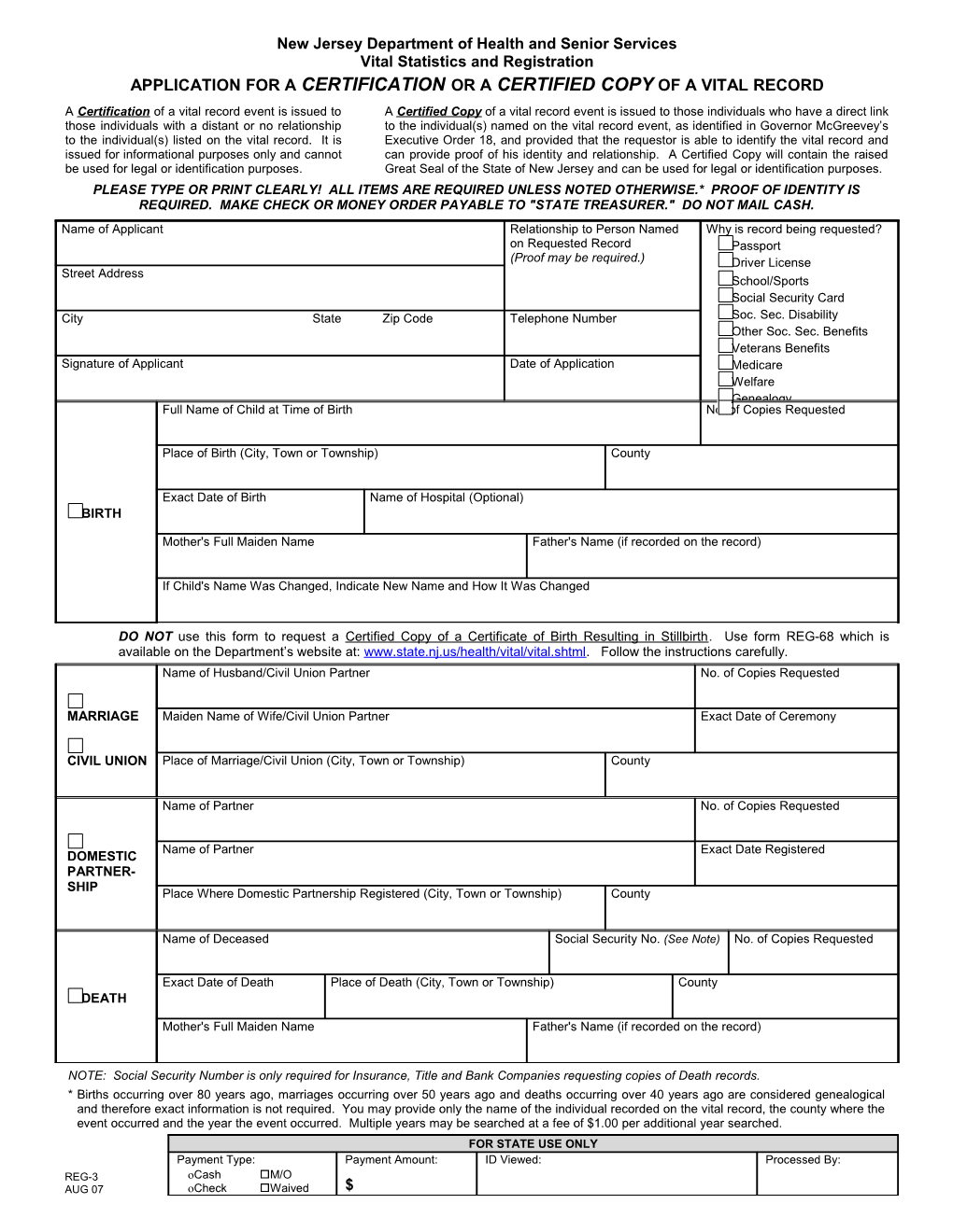 REG-3, Appliction for Certification of Certified Copy of Vital Record