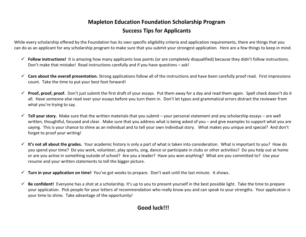 Mapleton Education Foundation Scholarship Program Success Tips for Applicants
