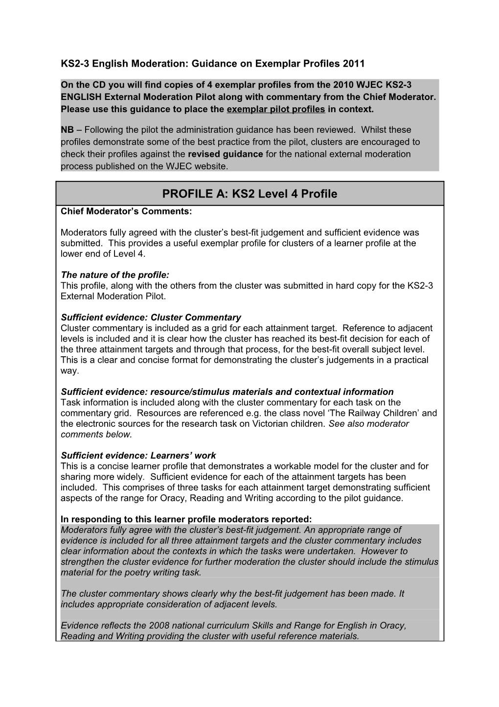 KS2-3 English Moderation: Guidance on Exemplar Profiles 2011