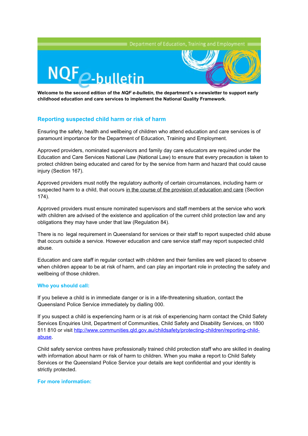 NQF E-Bulletin - Reporting Suspected Child Harm Or Risk of Harm