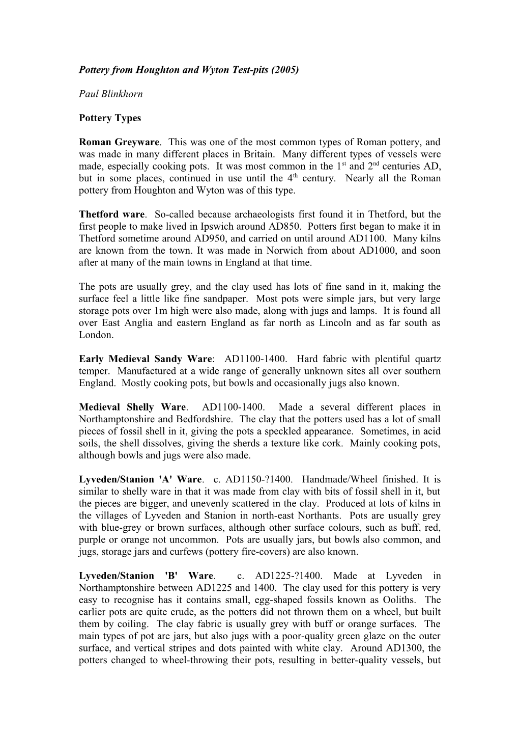 Pottery from Houghton and Wyton Test-Pits (HAW05)