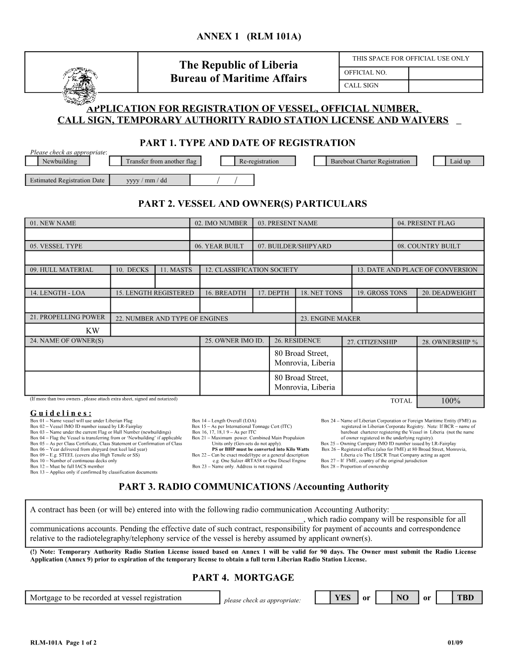 Application for Registration of Vessel, Official Number