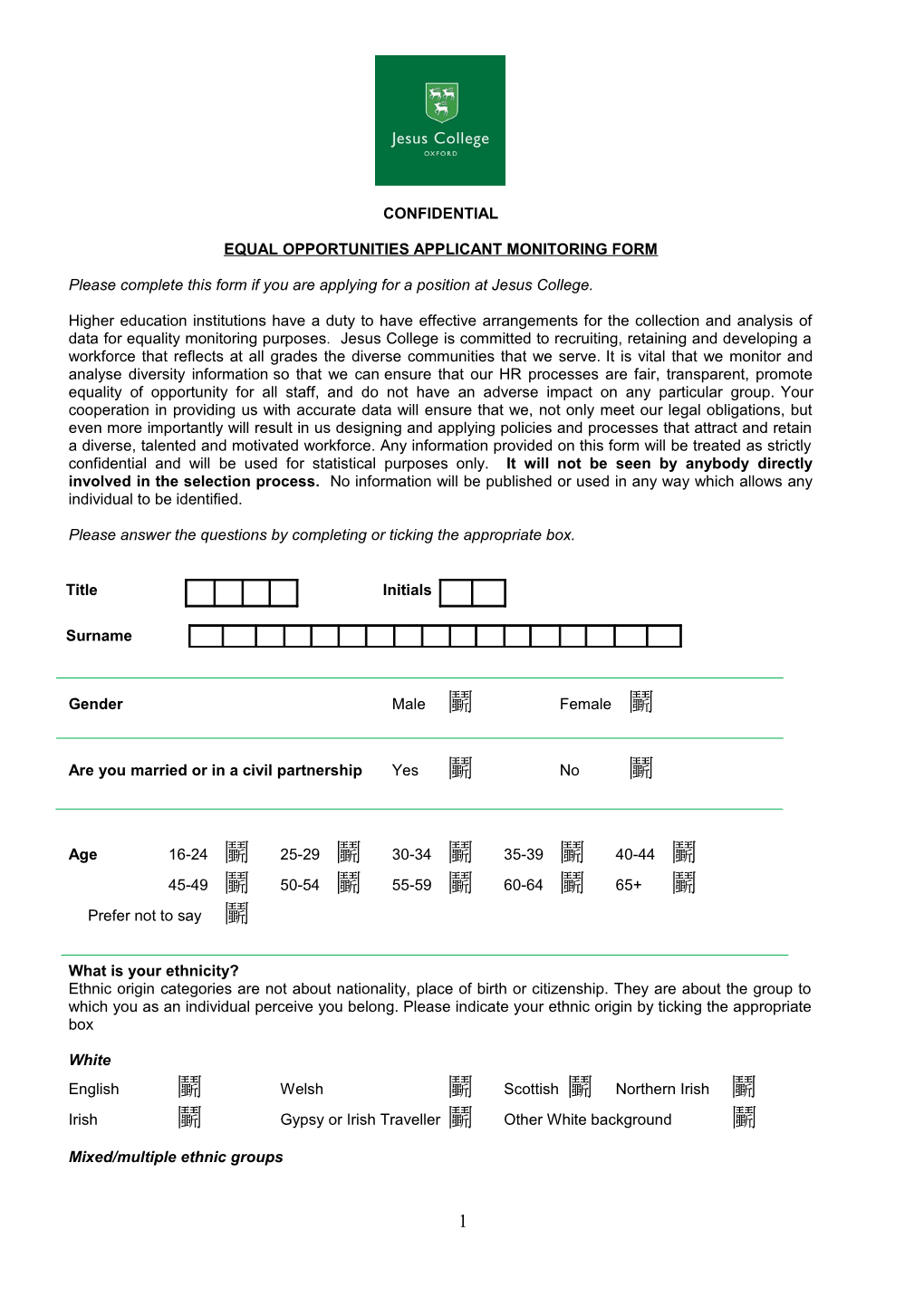 Equal Opportunities Applicant Monitoring Form