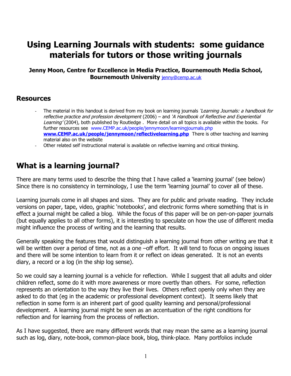 Full Handout: Learning Journals, Their Uses Across the Disciplines and a Review of Assessment