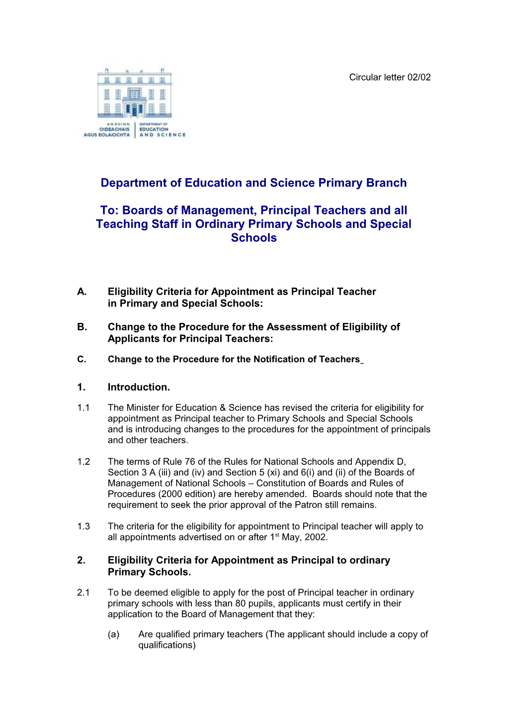 Primary Circular 02/02 Appointment of Principal Teachers (Word Format 100KB)