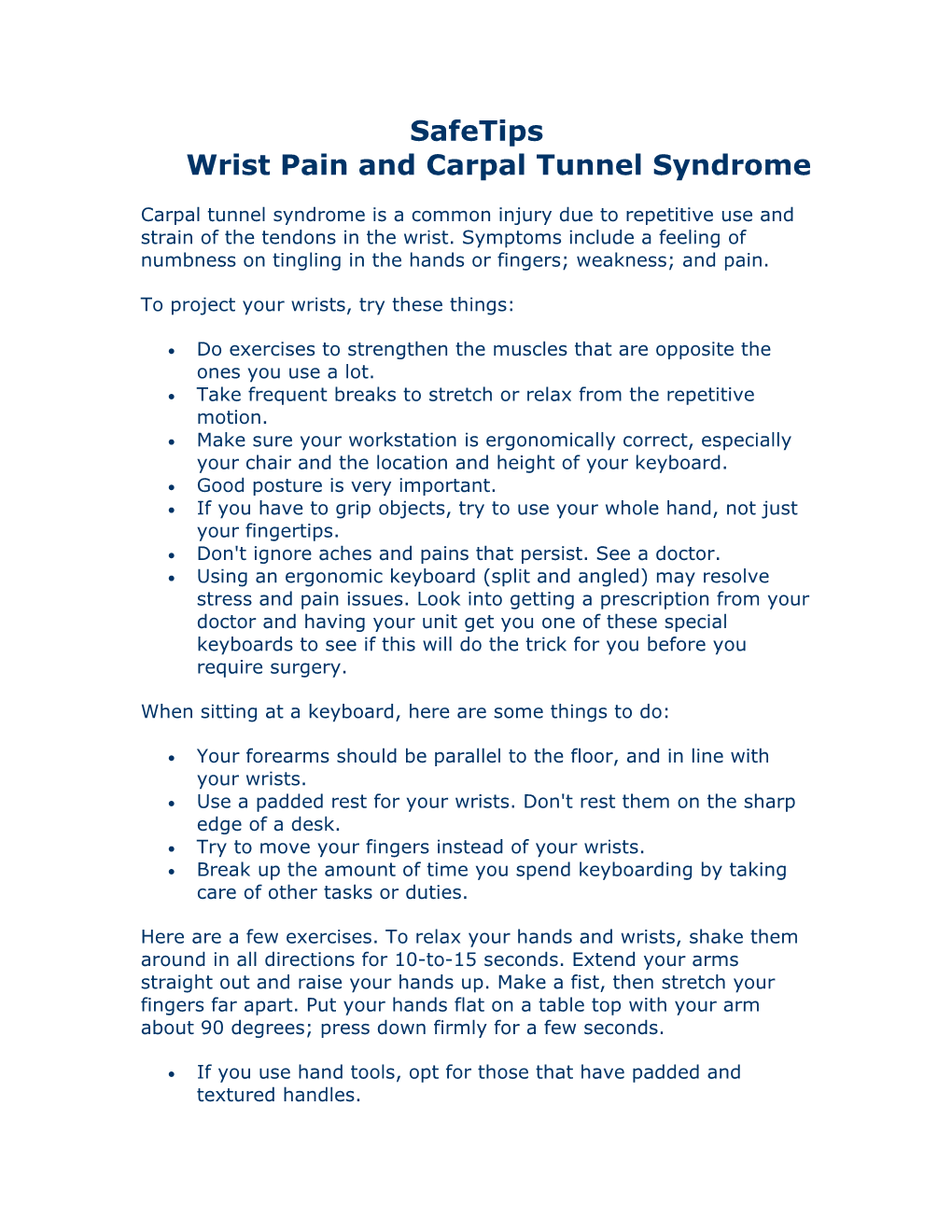 Safetipswrist Pain and Carpal Tunnel Syndrome