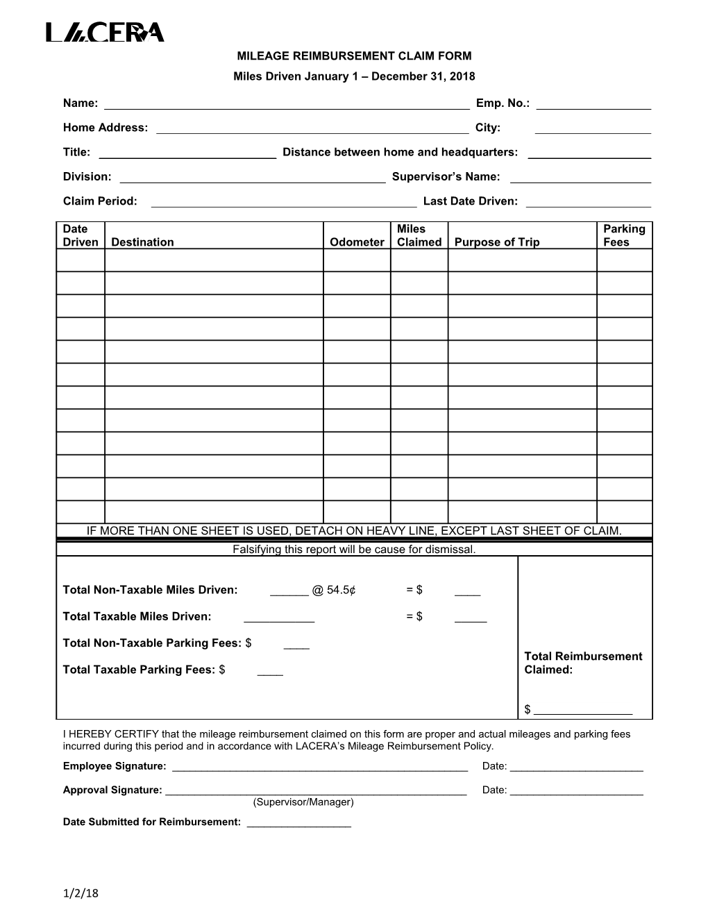 2014 Mileage Reimbursement Claim Form