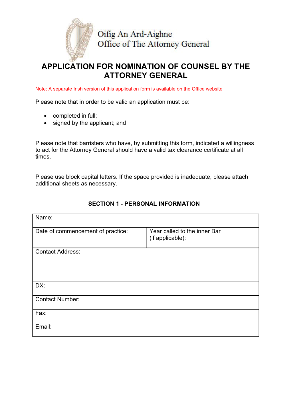 Application for Nomination of Counsel by the Attorney General