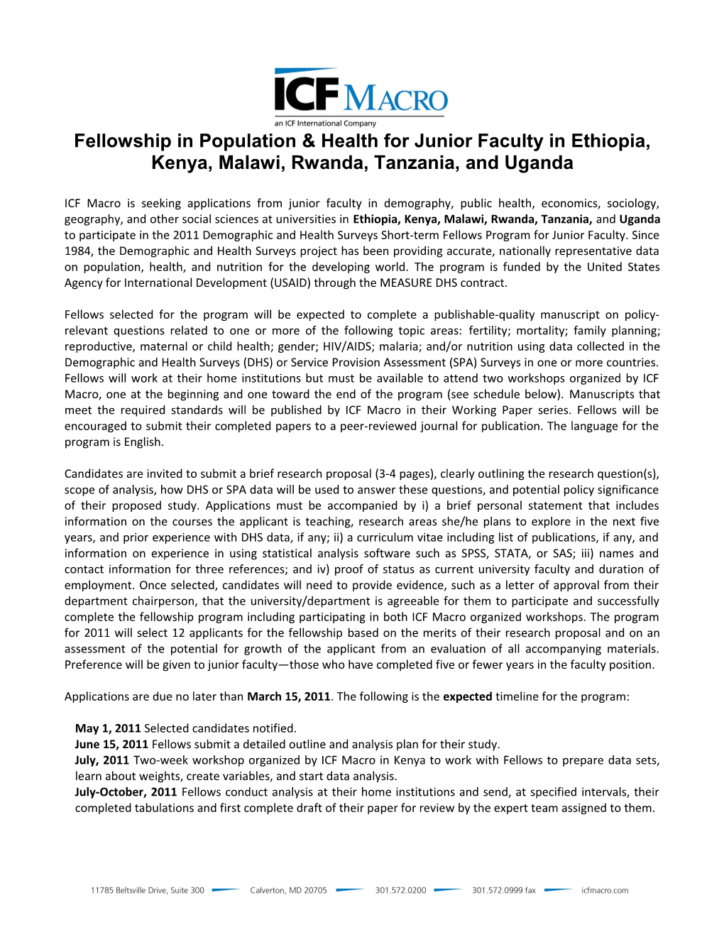 Fellowship in Population & Health for Junior Faculty in Ethiopia, Kenya, Malawi, Rwanda