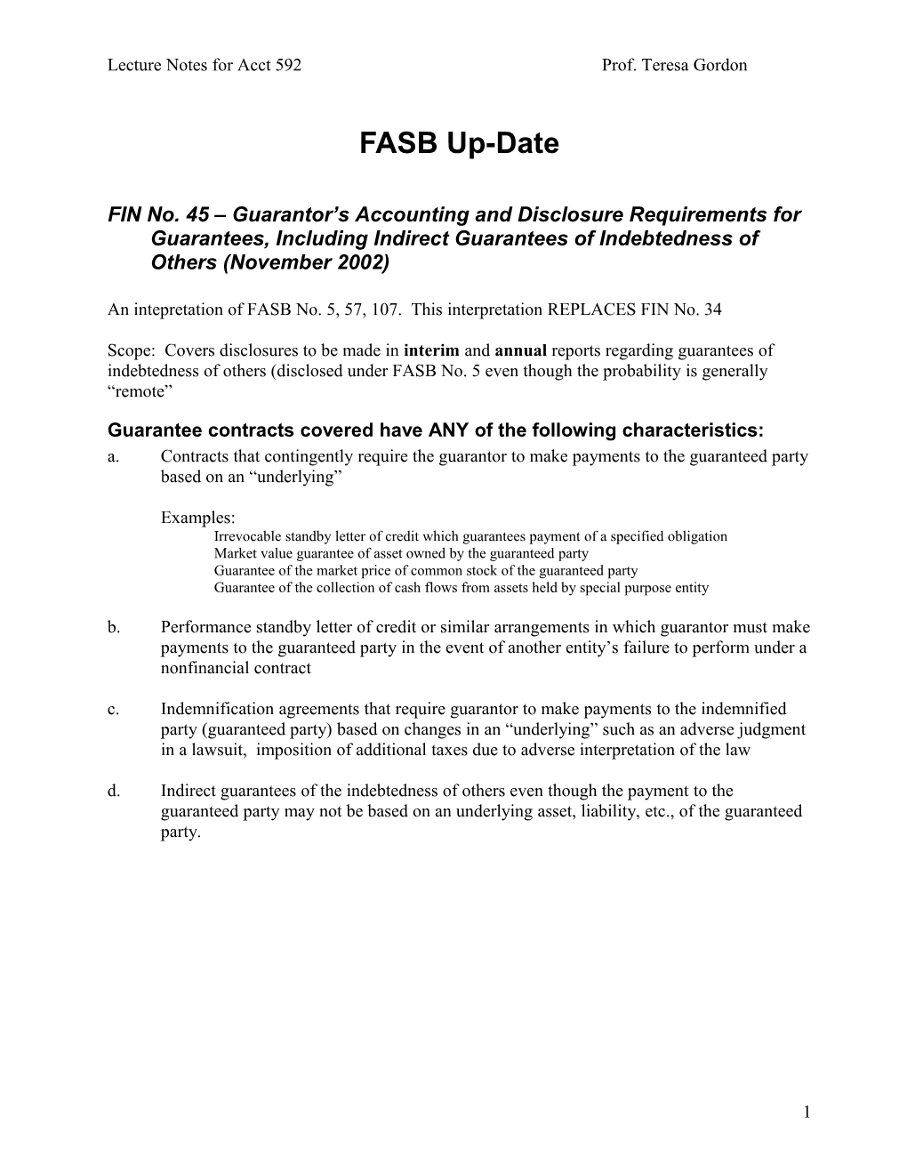 FASB Up-Date for FIN 45