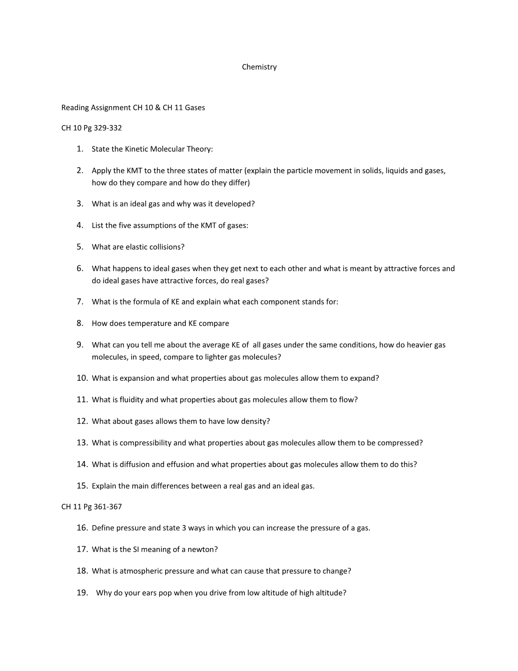 Reading Assignment CH 10 & CH 11 Gases