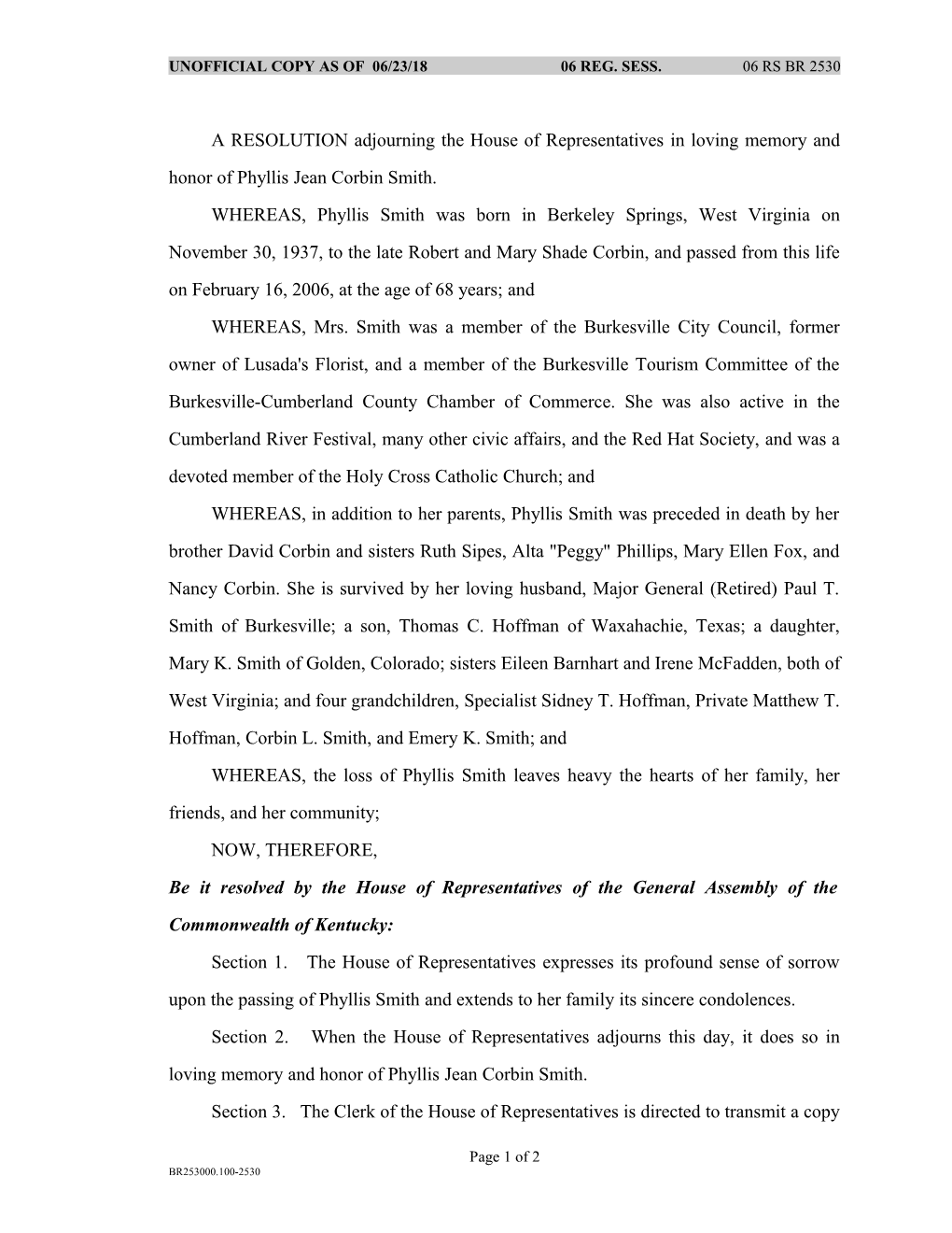 Unofficial Copy As of 03/03/06 06 Reg. Sess. 06 Rs Br 2530