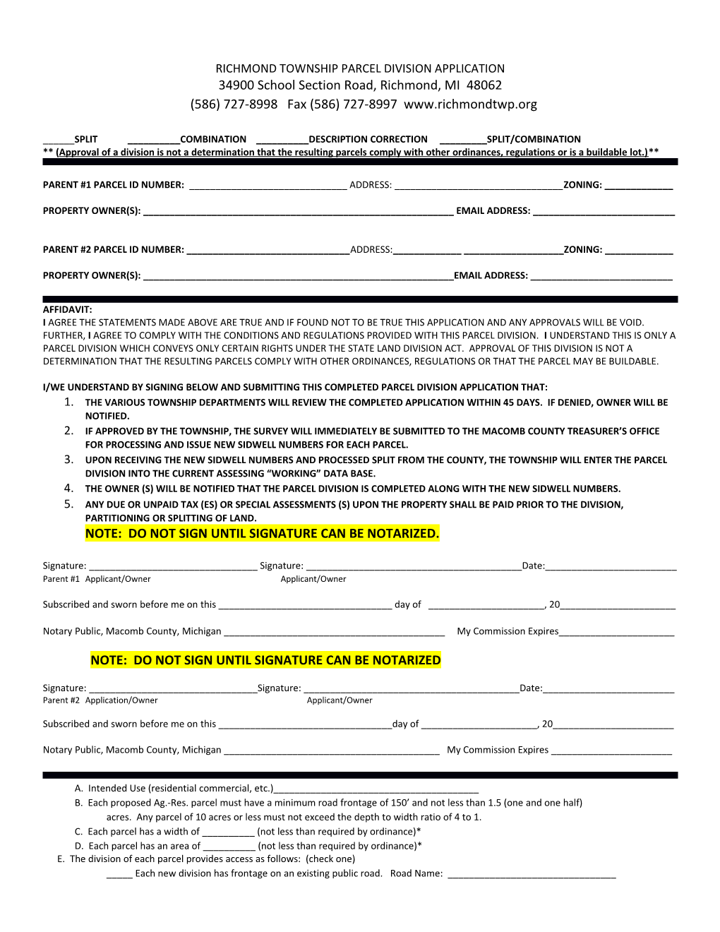 Richmond Township Parcel Division Application