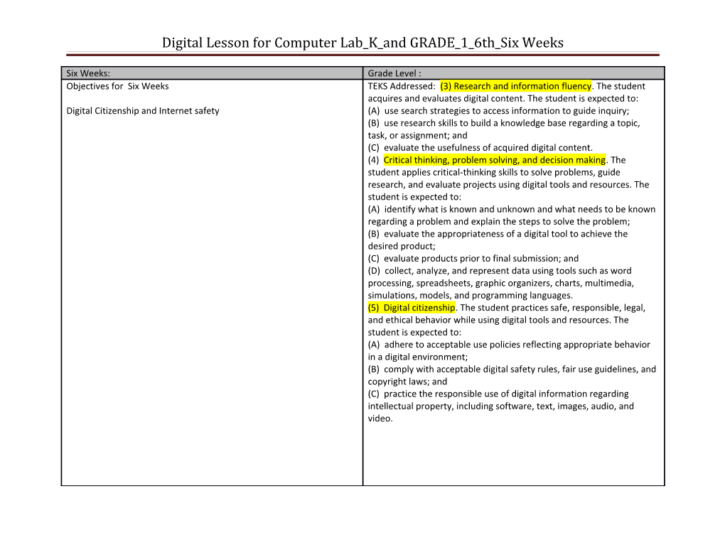 Digital Lesson for Computer Lab K and GRADE 1 6Th Six Weeks