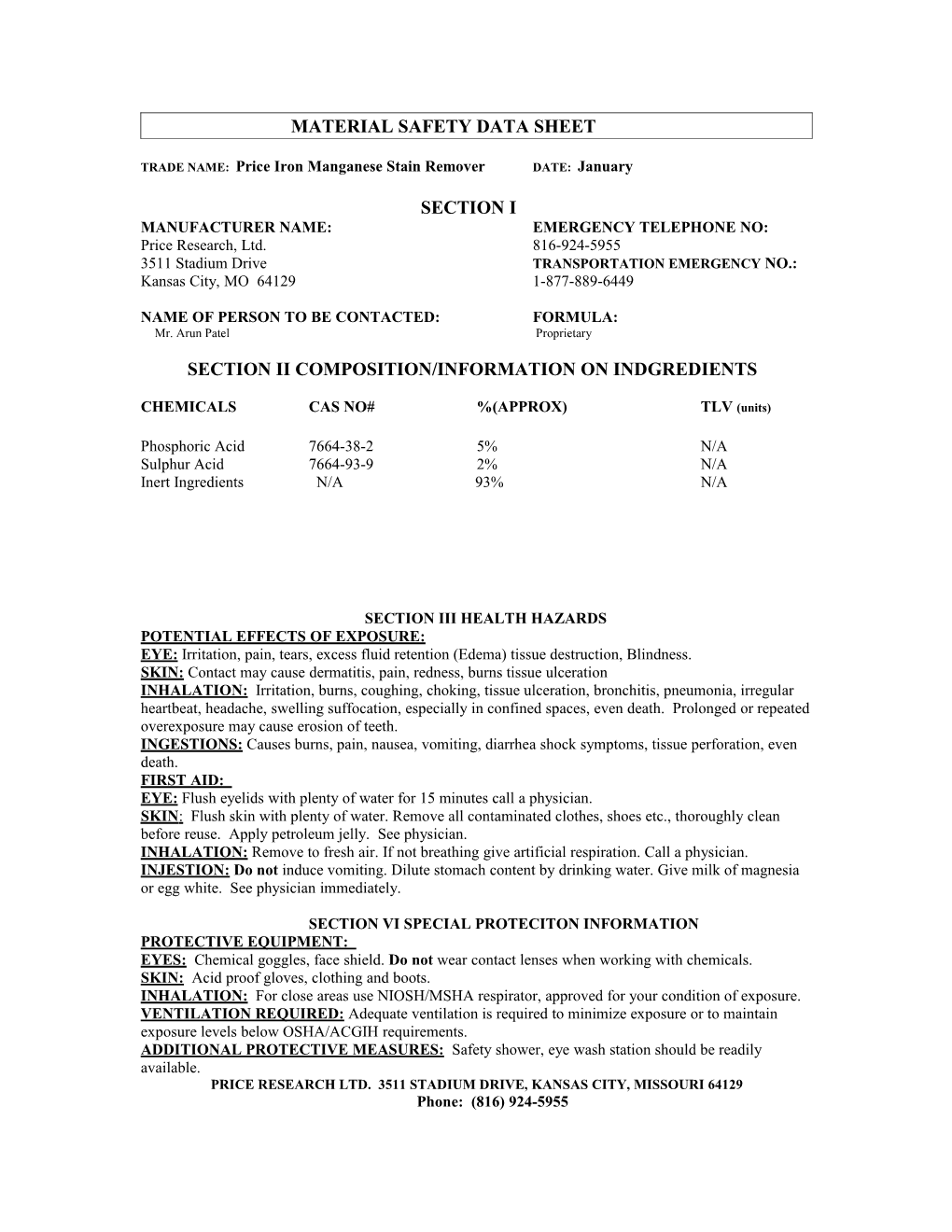 Material Safety Data Sheet s4