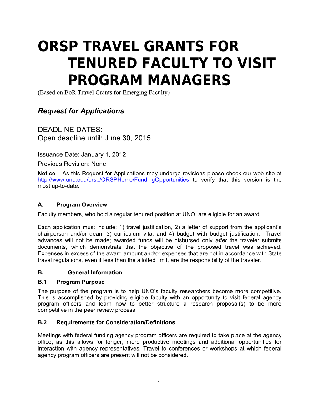 Orsp Travel Grants for Tenured Faculty to Visit Program Managers