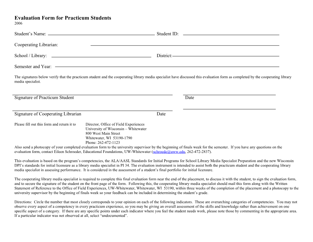 Evaluation Form for Practicum Students