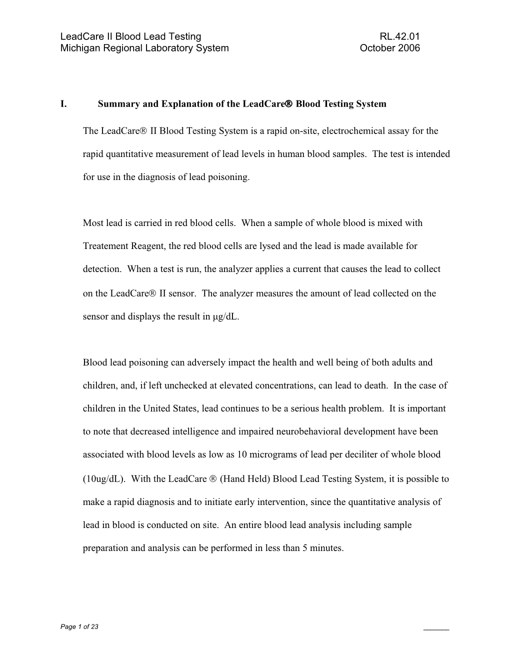 I.Summary and Explanation of the Leadcare Blood Testing System