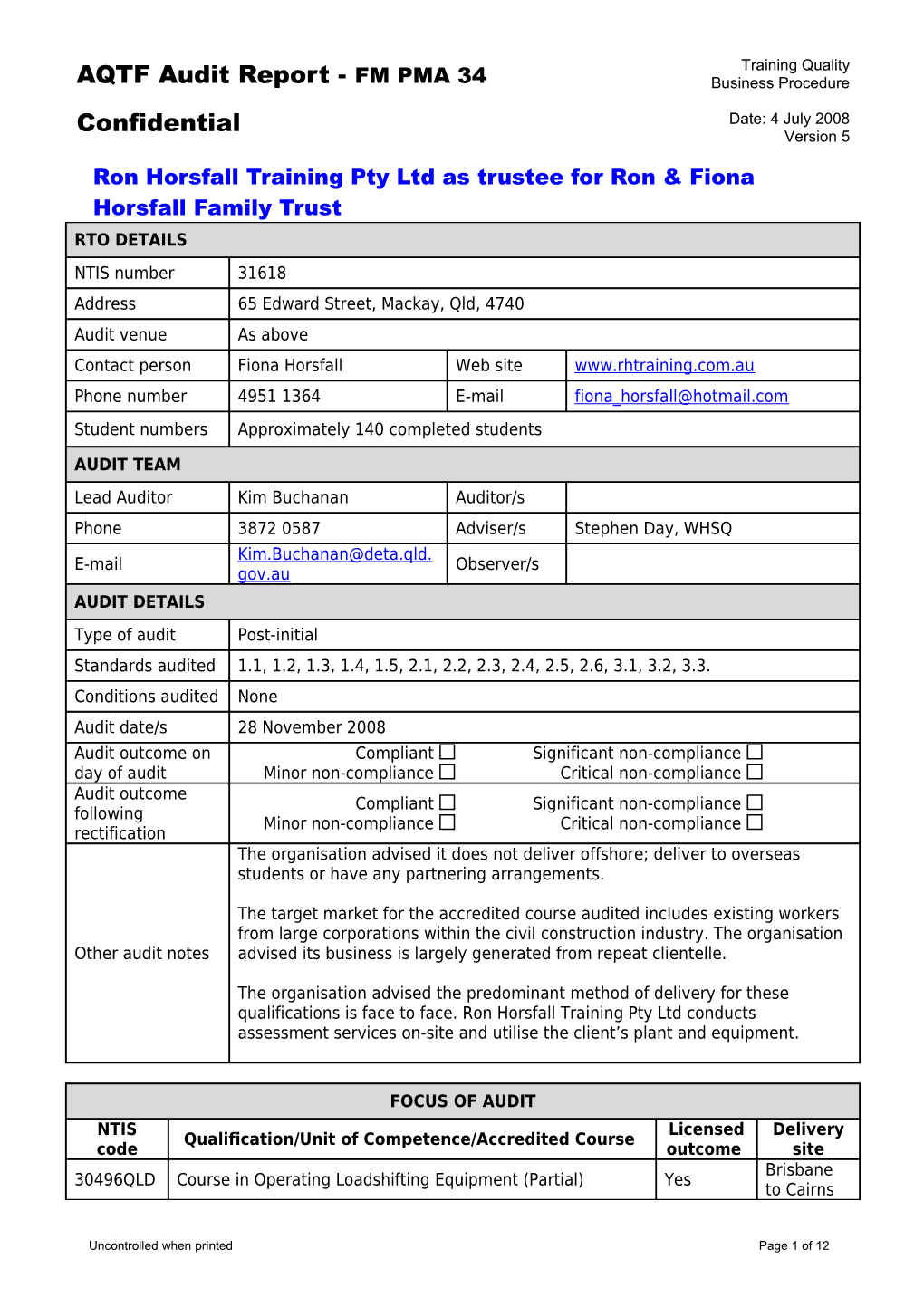 Aqtf 2007 Audit Briefing/Workbook/Report