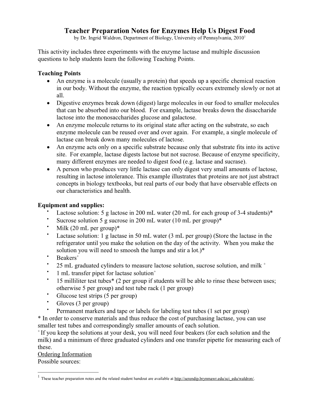 Lactase Investigation Teacher Prep Notes