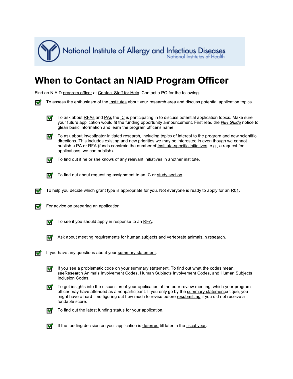 When to Contact an NIAID Program Officer