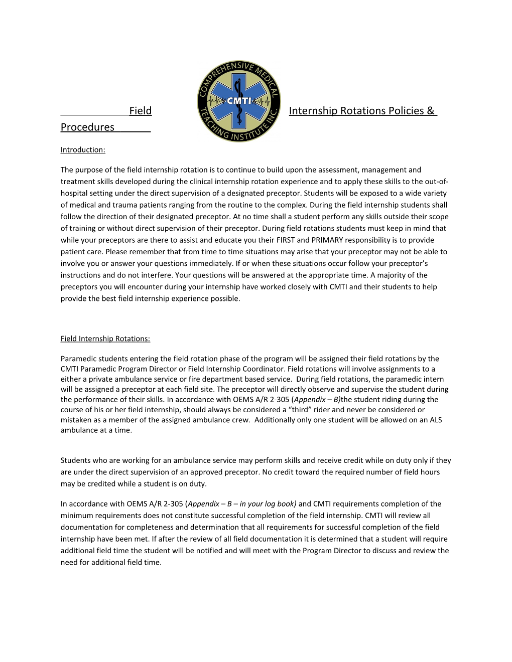 Field Internship Rotations Policies & Procedures