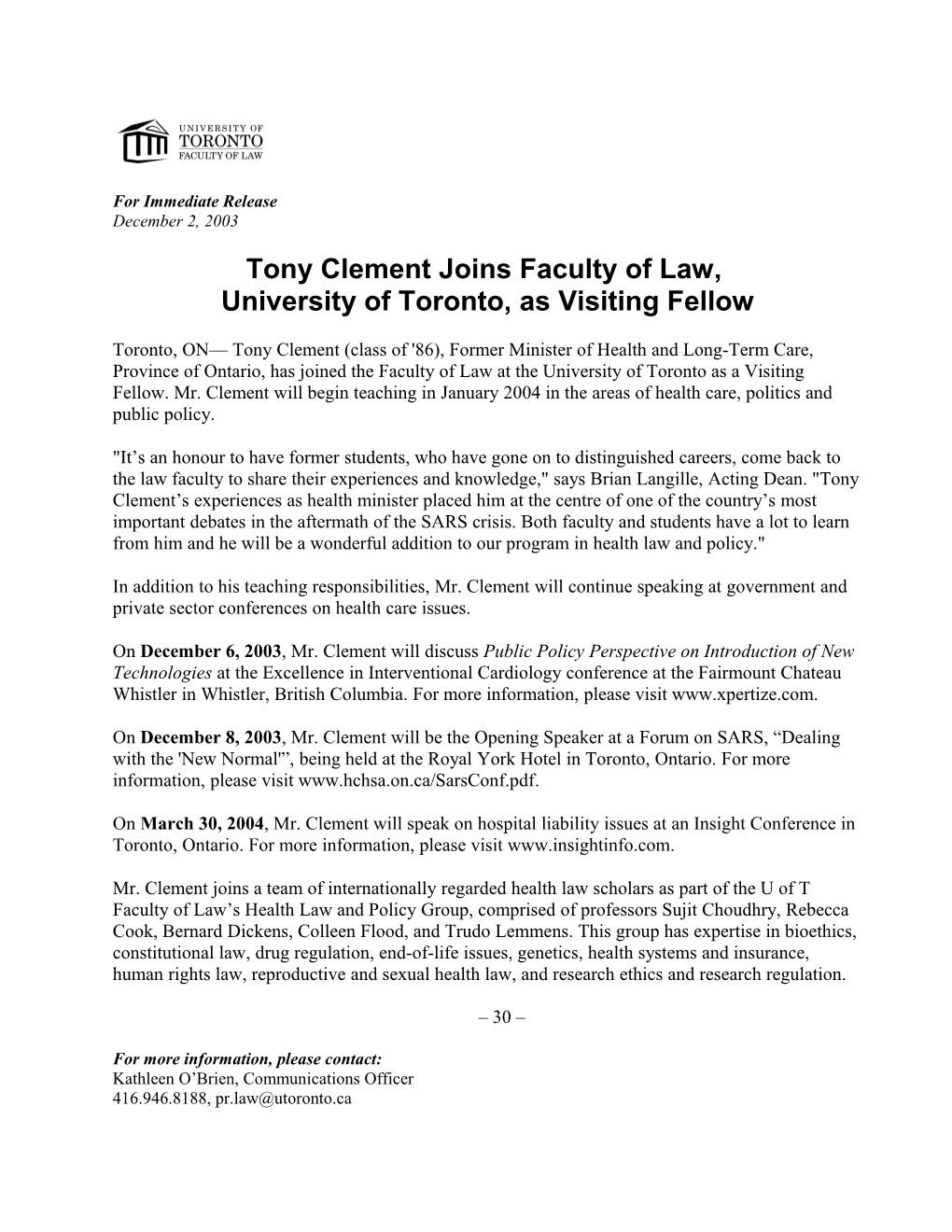 Tony Clement Joins Faculty of Law at University of Toronto As Visiting Professor