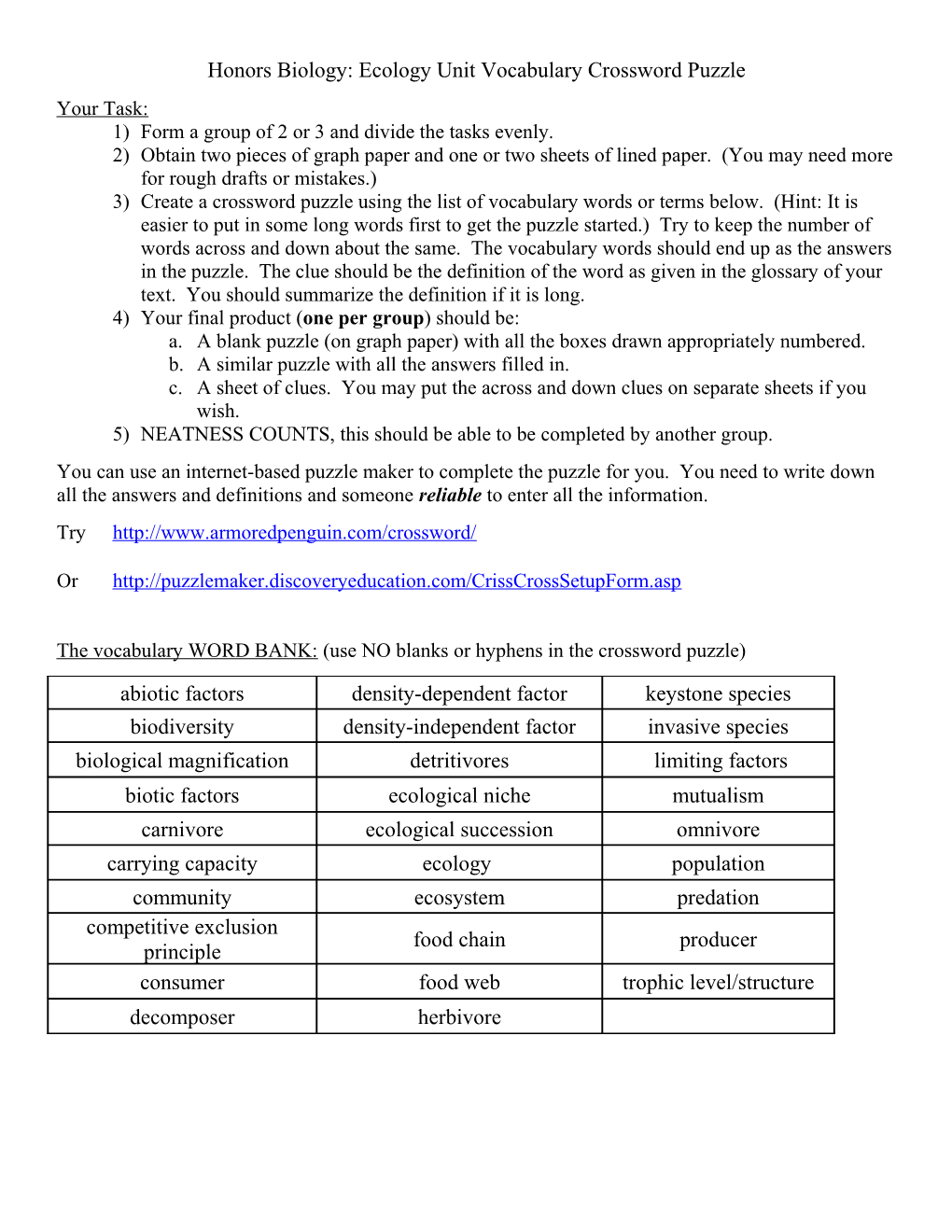 Ecology Crossword Puzzle